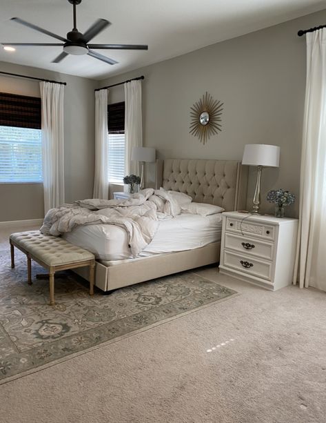 My Bedroom Makeover Sources - Frills and Drills Bedroom Ideas Master Modern Tufted Headboards, White Tufted Bedroom Ideas, Ivory Upholstered Bed, White Tufted Bed, Tufted Headboard Bedroom, Sherwin Williams Accessible Beige, Wallpaper Feature Wall, Modern Bedroom Storage, Tufted Bedroom