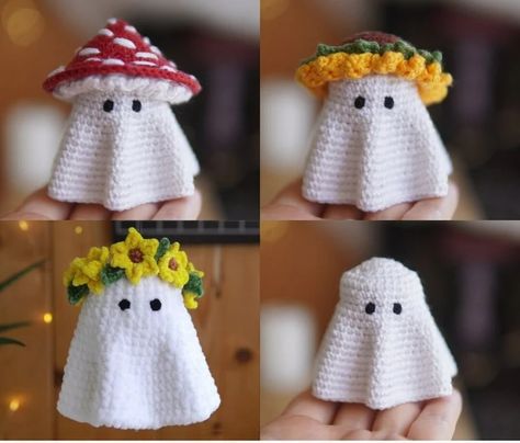 Crochet Ghost PATTERN, Amigurumi Ghost Plushie With Mushroom Hat, Sunflower Hat and Flower Headband, Crochet Halloween PDF Pattern - Etsy Headband Crochet Ideas, Crochet Fall Projects, Large Crochet Projects, Crochet Halloween Hats, Crochet Ghosts, Autumnal Crafts, Crochet Mushroom Hat, Halloween Mushroom, Ghost Plushie