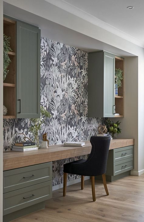 sage green home office joinery with shaker style profile and tropical wallpaper Built In Desk Ideas, Home Office Cabinetry, Home Office Built Ins With Desk, Sage Green Office, Green Home Offices, Work From Home Space, Metricon Homes, Home Office Built Ins, Office Built Ins