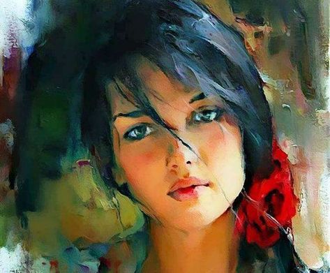 "BEAUTIFUL ART PAINTINGS OF GIRL" — Steemit Blue Eyes, Her Hair, A Woman, Hair, Red, Blue