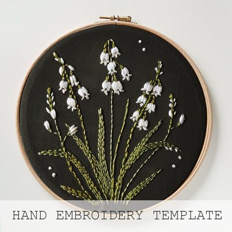 Lily of the Valley, Floral Embroidery, Birth Flower Embroidery Design, Hand Embroidery Art, Needlework, Easy Embroidery, Embroidery Template - Etsy Classic Embroidery Design, Lily Of The Valley Embroidery Design, Floral Hand Embroidery Designs, Embroidery Lily Of The Valley, Lily Of The Valley Embroidery Pattern, Masculine Embroidery Designs, Birth Flower Embroidery, Lily Of The Valley Embroidery, Iris Embroidery