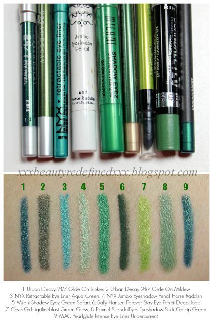 Green Eye Pencils Swatches Opi Green, Eyeliner Brown Eyes, Eye Shadow Looks, Eye Pencil Makeup, Foundation Swatches, Green Eyeliner, Eyes Lashes, Eye Pencils, Makeup Looks For Green Eyes