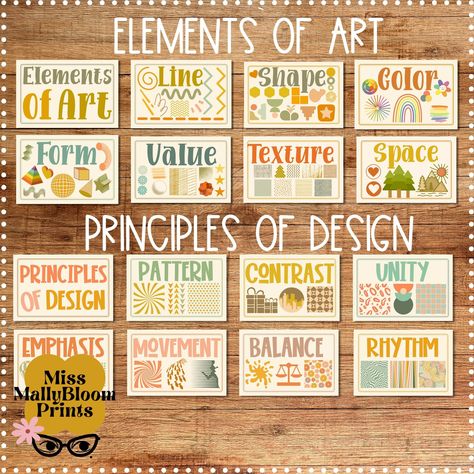 Come check out the new bundle of art classroom posters available now in my shop! Elements of Art and Principles of Design with same aesthetic that can make your art space look modern and unique! Great for students to reference all year long! #artteacherdecor #aesthetic Elements Of Art Preschool, Elements Of Art Bulletin Board, Elementary Art Decor, Aesthetic Art Classroom, Elementary Art Classroom Decor, Art Room Ideas Classroom, Art Classroom Aesthetic, Art Classroom Design, Art Class Decorations