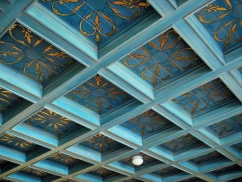 Coffered ceiling with a hand-painted finish Painted Coffered Ceiling, Coffered Ceiling Design, Painted Ceilings, Blue Ceilings, Ceiling Murals, Ceiling Detail, Floor Ceiling, Wooden Ceilings, Interior Stairs