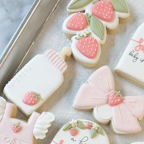 Ingrid vitale on Instagram: "A berry Sweet baby it’s in on the way!" Berry Baby Shower Cookies, Strawberry Cutout Cookies, Berry Sweet Baby Shower Cookies, A Berry Sweet Girl Is On The Way, Strawberry Baby Shower Cookies, A Berry Sweet Baby Is On The Way, Girl Shower Themes, Cookie Boxes, Strawberry Baby