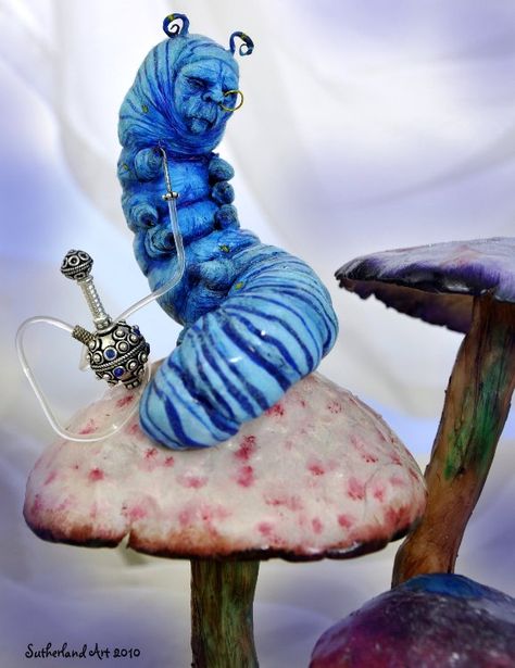 Alice in Wonderland...all time favorite Caterpillar On Mushroom, Weird Dolls, Blue Caterpillar, Tim Burton Tattoo, Alice And Wonderland Quotes, Surreal Artwork, Wonderland Quotes, Cotton Crafts, Alan Rickman