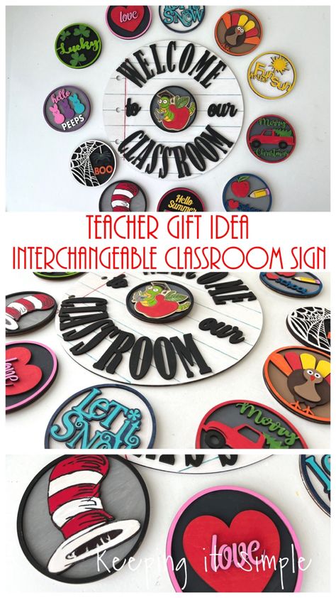 Interchangeable Classroom Sign, Diy Classroom Door Sign, Interchangeable Holiday Decor, How To Make Wooden Signs, Glowforge Aura, Teacher Classroom Sign, Classroom Door Signs, Teachers Appreciation Week Gifts, Teachers Appreciation