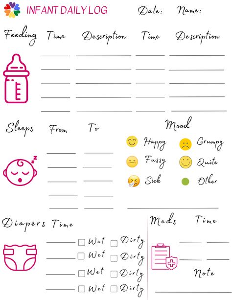 Track your baby daily events easily with this infant daily log printable, you can print it as many times needed. Baby Daily Log, Potty Training Sticker Chart, Daycare Organization, Baby Feeding Chart, School Door Decorations, School Doors, Sticker Chart, Feeding Time, Baby Feeding