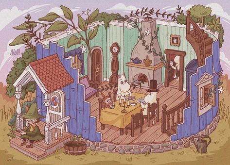 Alexandra on Instagram: “Moominhouse 🏡💛🎩 Finally! The full version of my illustration for moomin-zine is here! As references, I used the plan of Moominhouse from…” Moomin House Interior, Moomin House Illustration, Moomin Landscape, The Joxter Moomin, Moomin House, Moomin Snorkmaiden, Moomin Valley Joxter, Moomin Original Illustration, Japanese Myth