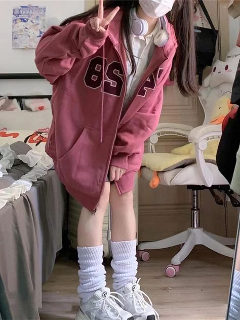 Deeptown Harajuku Zip Up Hoodies Women Vintage Kpop Letter Embroidery Sweatshirts Pink Oversized Loose Casual Tops Y2k Aesthetic - Hoodies & Sweatshirts - AliExpress Aesthetic Hoodies, Korean Casual, Embroidery Sweatshirt, Letter Embroidery, Hoodie Outfit, Zip Up Hoodies, Winter Coats Jackets, Pink Sweatshirt, Y2k Aesthetic