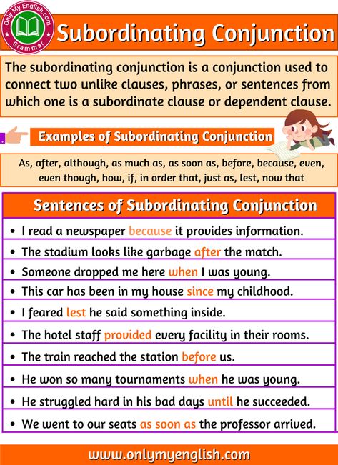 What is a Subordinating Conjunction? Examples and Sentences Conjunction Examples, Subordinating Conjunctions Worksheets, Proper Noun Examples, Noun Examples, Conjunctions Activities, Subordinate Clauses, Teaching Punctuation, Literacy Classroom, English Language Learning Activities