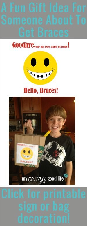 A fun gift idea for someone about to get braces! Getting Braces Gift Basket, Braces Gift Basket, New Braces Care Package, Braces Off Gift Basket, Braces Care Package, Braces Care, My Crazy Good Life, Small Teacher Gifts, Braces Tips