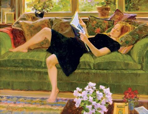 “Little Black Dress”, by David Hettinger . David Hettinger, Women Reading, Alex Colville, Reading Art, Woman Reading, Reading A Book, Paintings I Love, Art Plastique, Figure Painting