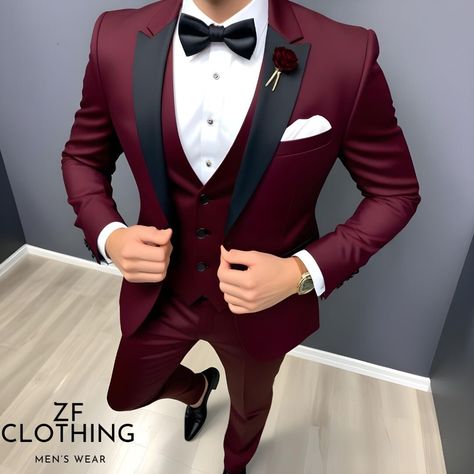 Black Tux Burgundy Vest, Tuxedo Burgundy, Suit For Men Wedding, Designer Tuxedo, Burgundy Vest, Suits Formal, Suits Wedding, Formal Fashion, Burgundy Suit