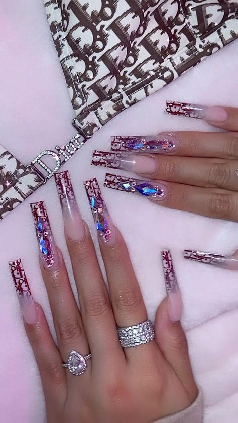 nailsbyjakey on Instagram: A simple baddiee moment💦💖 Dior decals @nail.junkiee #nails #nailvids #rednails #frenchnails #nailsofinstagram #nailart #nail #nails💅… Dior Foil Nails, Dior Inspired Nails, Designer Nails Dior, Dior Nails Design, Dior Nails, Jay Rock, Designer Nails, Really Cute Nails, Nail Sets