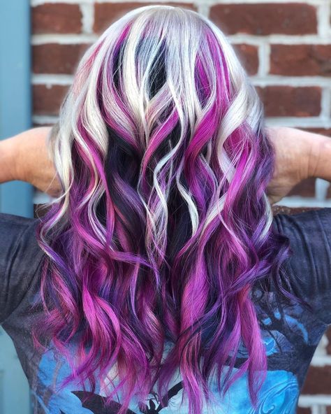 Hot Pink And Blonde Hair Highlights, Pink And Purple Blonde Hair, Vivid Highlights Blondes, Blonde Pink Black Hair, Silver Hair With Pink Highlights, Pink And Blonde Skunk Hair, Pink And Purple Streaks In Blonde Hair, Color Block Hair Ideas Blonde, Black With Colored Highlights