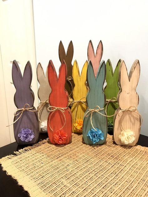 Colorful wood bunnies. Wood Peeps. Easter wood decorations. | Etsy Spring Wood Decor, Easter Wood Projects, Wood Bunnies, Easter Wood Signs, Spring Wood Crafts, Wood Bunny, Wood Decorations, Peeps Easter, Easter Wood Crafts