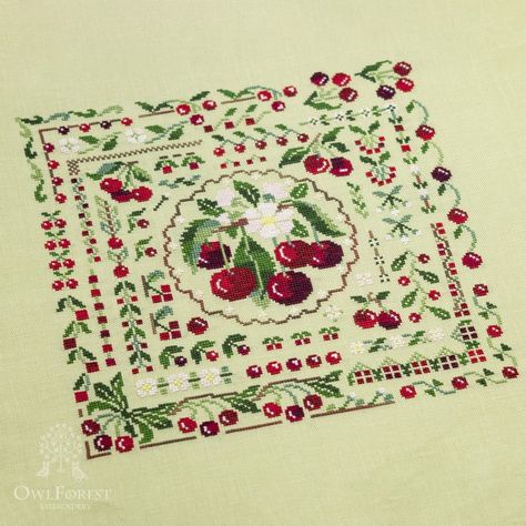 Cross Stitch Kit, Cherry Summer, OwlForest Embroidery, fruit cross stitch, cherry sampler, cherry blossom, summer, garden cross stitch Cross Stitch Cherry, Needle For Embroidery, Fruit Cross Stitch, Embroidery Fruit, Fruit Cross, Garden Cross Stitch, Garden Cross, Summer Berries, Needle Minders