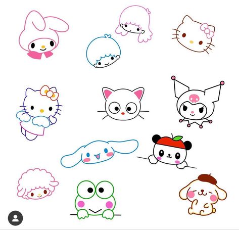 Sanrio Line Art, Hello Kitty Matching Tattoos, Kuromi Line Art Tattoo, Sanrio Tattoo Ideas, My Melody Tattoo, Hello Kitty Line Art Tattoo, Hello Kitty Tiny Tattoo, Sanrio Tattoos, Sanrio Fine Line Tattoo