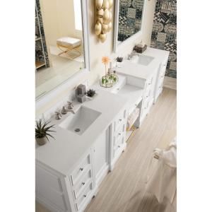 James Martin Vanities De Soto 82 in. W Double Vanity in Bright White with Solid Surface Vanity Top in Arctic Fall with White Basin-825V82BWAF - The Home Depot Bathroom Vanity With Chair, Bathroom Vanity With Makeup Counter, Vanity With Chair, White Double Sink Bathroom Vanity, White Double Vanity, James Martin Vanity, Wood Backsplash, James Martin, Double Vanity Bathroom