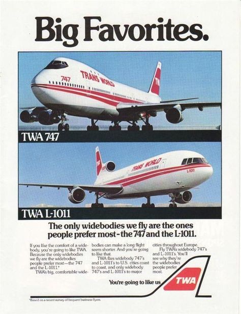 Trans World Airlines (TWA), Boeing 747 & Lockheed L-1011 TriStar ad Twa Airlines, Vintage Airline Ads, Air Plain, Vintage Airline Posters, Vintage Airline, Aviation Posters, Airline Company, Vintage Planes, Jet Age