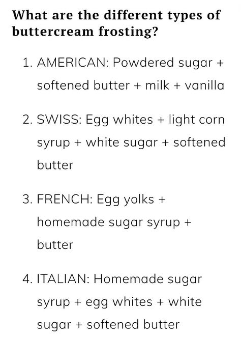 Types of buttercream frostings Types Of Buttercream, Types Of Frosting, Egg Whites, Egg Yolk, Buttercream Frosting, Powdered Sugar, Corn Syrup, Butter Cream, Frosting