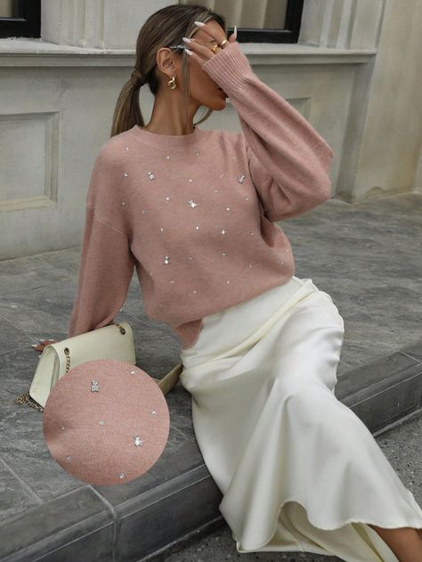 Casual Crew Neck Beaded Sweater Dusty Pink Casual  Long Sleeve Knitwear Plain Pullovers Slight Stretch Spring/Fall Women Clothing, size features are:Bust: ,Length: ,Sleeve Length: Adrette Outfits, Beaded Sweater, Pullover Outfit, Elegante Casual, Women Sweaters, Dressy Casual, Preppy Outfits, Kids Beachwear, Knitwear Women