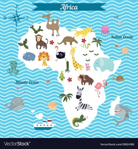 Map of Africa continent with animals Royalty Free Vector Colorful Caterpillar, Africa Continent, Geography For Kids, Map Of Africa, Africa Animals, Petite Section, Africa Map, Safari Theme, Montessori Materials