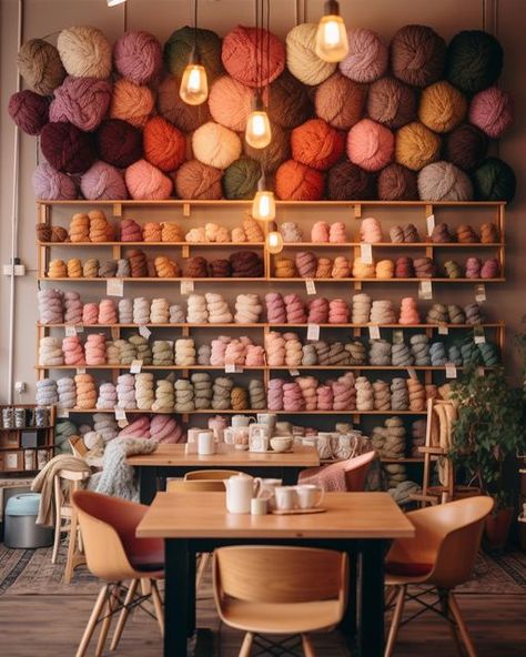 Yarn And Coffee, Knitting Shop Interior, Craft Cafe Interior, Yarn Craft Room Ideas, Yarn Store Aesthetic, Yarn Shop Ideas, Yarn Shop Aesthetic, Crochet Business Aesthetic, Craft Store Aesthetic