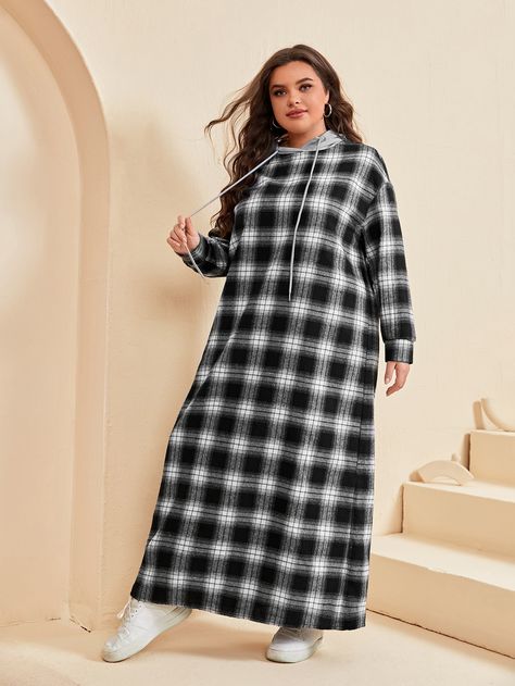 Black and White Casual  Long Sleeve Polyester Plaid Tunic Embellished Non-Stretch Spring/Fall Plus Size Dresses Plus Size Hijab, Plus Size Winter Outfits, Fall Plus Size, Plus Size Winter, Plaid Tunic, Hooded Dress, Women Maxi, Plus Size Maxi Dresses