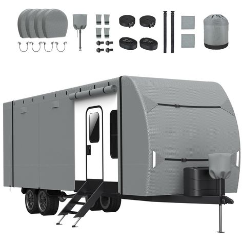 PRICES MAY VARY. Abundant Accessories: The travel trailer cover that fits 24'-27' (330"L×100"W×96"H). Package includes accessories such as tire covers, gutter covers, repair patches, windproof straps, tongue jack cover, throwing stick, and storage bag. Enjoy a 4-year protect with Patuibe's excellent customer service. Heavy Duty Material: There are 7 layers of top fabric and 6 layers of side fabric. The RV cover is made of non-woven fabric mixed with waterproof membrane and anti-uv compositions, Rv Cover, Rv Travel Trailers, Prevent Aging, 7 Layers, Tire Cover, Rv Travel, Rv Life, Thick Fabric, Mixing Fabrics