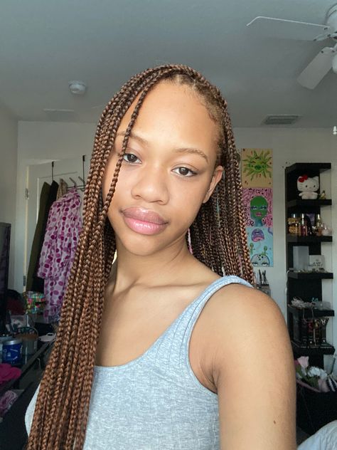 Light Brown Small Knotless Braids, Light Skin Knotless Braids, Maple Brown Box Braids, Brown Braids Aesthetic, All Brown Braids, Ginger Brown Knotless Braids, Chestnut Brown Braids On Black Women, Brown Braids On Light Skin, Caramel Box Braids