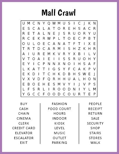 Free Printable Mall Crawl Word Search Large Print Word Search, Saving Challenges, Number Puzzles, Word Search Puzzles, Word Searches, Word Find, Word Puzzles, Money Saving Challenge, Care Facility