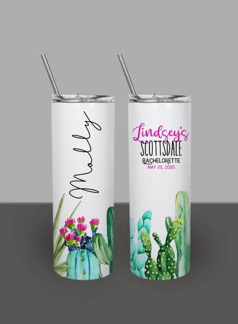 "Custom Desert Cactus Bachelorette Party Tumblers are the perfect Custom Bridesmaid Tumblers for your bridal party or birthday squad! Our Personalized 20oz. Skinny Tumblers can be completely personalized with your event details, Scottsdale or Cancun! Make these your own! These are the perfect gift for your bridesmaids and mother of the groom and mother of the bride! Custom names and design are printed directly on the tumbler!  NOT A VINYL STICKER that will peel off after several uses.  Each Tumb Rosemary Jelly, Cactus Bachelorette, Bridesmaid Tumblers, Bridesmaid Makeup Bag, Jelly Recipe, Customized Bridesmaid Gifts, Yeti Cups, Bridesmaid Tumbler, Epoxy Tumblers