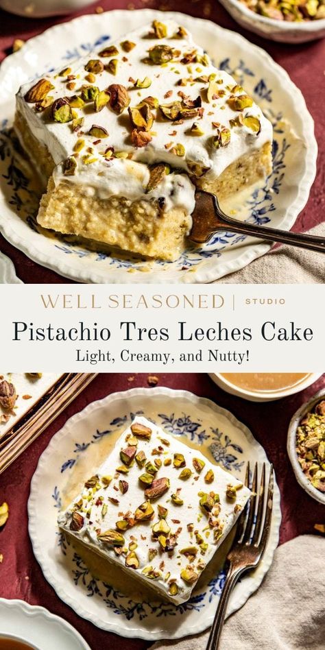 Rich & Creamy Pistachio Tres Leches Cake Rumchata Tres Leches Cake, Holiday Tres Leches Cake, Fancy Tres Leches Cake, Pistachio Tres Leches Cake Recipe, Tres Leches Christmas Cake, Tres Leches Cake Flavors, Tree Leches Cake, Pistachio Tres Leches Cake, Pistachio Milk Cake