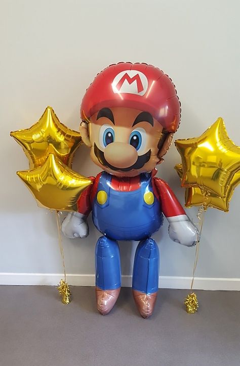 Super Mario Balloon Arch, Mario Balloons, Mario Brothers Birthday Party Ideas, Gold Star Balloons, Mario Brothers Birthday Party, Mario Bros Birthday Party Ideas, Mario Birthday Cake, Super Mario Bros Party, Mario And Princess Peach