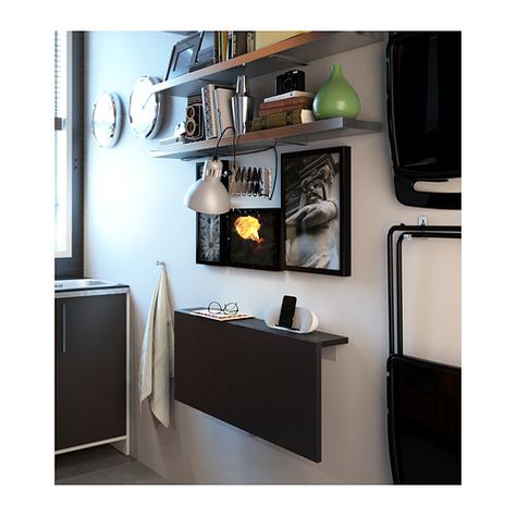 BJURSTA Wall-mounted drop-leaf table IKEA Becomes a practical shelf for small things when folded down. Bjursta Table, Ikea Wall, Wall Mounted Desk, Tiny Apartment, Drop Leaf Table, Eat In Kitchen, Table Height, Small Apartments, Small Kitchen