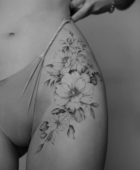 Hip Flower Tattoo, Geometric Tattoo Feminine, Fawn Tattoo, Symmetrical Tattoo, Floral Thigh Tattoos, Small Girly Tattoos, Hip Thigh Tattoos, Planet Tattoos, Hip Tattoos Women