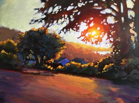 grass bathed in sunlight that peaks through the tress overlooking hills into a valley with water Painting Sunlight Through Trees, Sun Through Trees Painting, How To Paint Sunlight, Sunset Tree Painting, Sunburst Photography, Acrylic University, Butter Painting, David Mensing, Acrylic Sunset