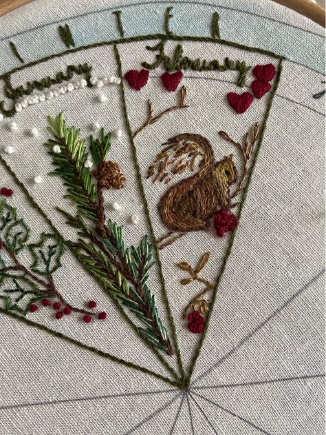 Phenology Wheel Embroidery, Imbolc Embroidery, Cottagecore Embroidery Pattern, Pagan Embroidery, Cottage Core Embroidery, Cottagecore Embroidery, Winter Sewing Projects, Stitch Witchery, Creative Textiles