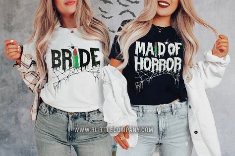 Get ready for a spooktacular bachelorette party with these Halloween bride (+party, family, and groom) tees! Whether you're the goth bride, maid of horror, or a spooky bridesmaid, these unisex tees are perfect for any bridal party. Available in sizes XS-5XL, these soft tshirts are printed using DTG printing for a long-lasting design. They also make a great wedding gift for the bride and her bridal squad. So let's raise a glass of pumpkin spice and scare up some fun in these ghoul-tastic tees! Goth Bachelorette Party, Halloween Wedding Ceremony, Witchy Bride, Halloween Reception, Bach Shirts, Halloween Bachelorette Party, Spooky Wedding, Goth Bride, Bride Or Die