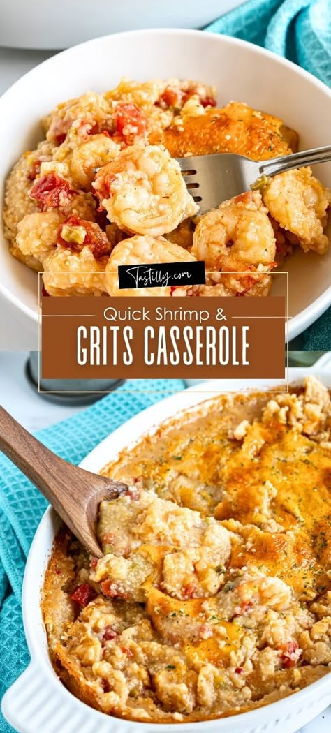 Quick Shrimp & Grits Casserole Cheesy Grits And Shrimp, Baked Shrimp Casserole, Shrimp And Grits Casserole, 1970 Recipes, Cheesy Shrimp And Grits, Gf Entrees, Shrimp Casserole Recipes, Shrimp Dinners, Shrimp Casserole