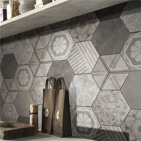 Decorative hexagon tiles for kitchen backsplash #tiles #kitchendesign #kitchenremodel Kitchen Backsplash Hexagon Tile, Fun Backsplash, Hexagon Wall Tiles Kitchen, Hexagon Tiles Kitchen, Backsplash Hexagon, Long Hexagon Backsplash, Large Hexagon Backsplash, Honeycomb Tiles Kitchen, Hexagon Backsplash Kitchen