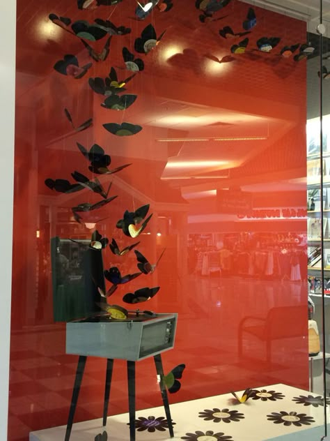 Handmade vinyl record butterflies for Record Store Day 2016 window display at the Woodstock Music Shop. #RSD16 CNC Router: Record Store Window Display, Butterfly Window Display, Box Display Ideas, Fall Window Display, Music Store Design, Woodstock New York, Logos Color, Butterfly Display, Logos Photography