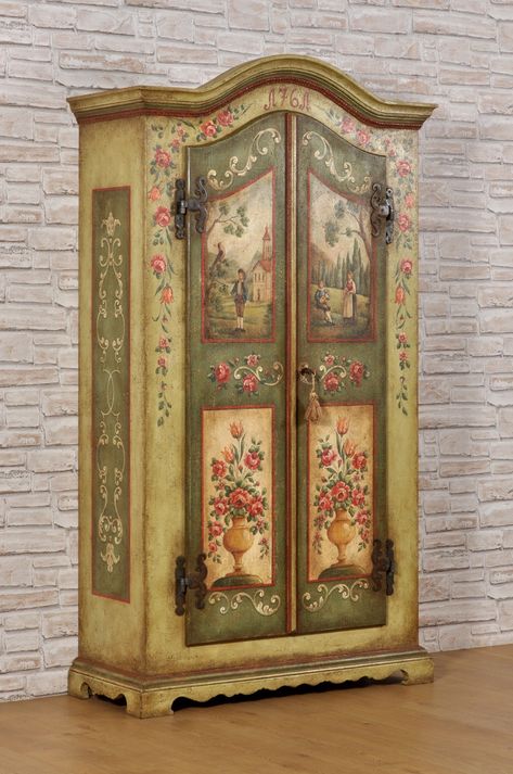 Small Tyrolean cupboard with, hand-decorated with flowers, baroques and a 1600s mountain scene. | Mobili Vangelista Painted Cupboards, Furniture Storage Cabinets, Floral Interior, Art Populaire, Mountain Scene, Hand Painted Furniture, Old Furniture, Paint Furniture, Tempera