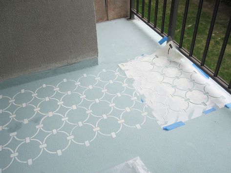 learn how to stencil a concrete balcony, concrete masonry, how to, painting, porches Painted Cement Floors, Stenciled Concrete Floor, Stencil Concrete, Paint Concrete, Concrete Patio Makeover, Painting Cement, Easy Diy Paint, Diy Paint Projects, Painted Concrete Floors