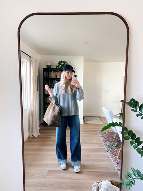 AGOLDE Dame Jeans Review + 7 Ways to Style - Ruth Nuss Big Shirt, Clare V., Jeans Outfit, Marc Fisher, Gucci Mules, Mom Outfits, Wide Leg Denim, Baggy Jeans, Affordable Fashion