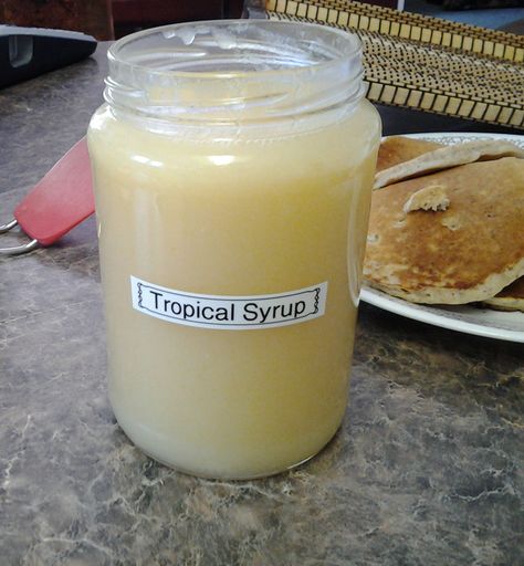 Tropical Syrup for pancakes or waffles. Hawaiian Coconut Syrup, Fruit Syrup Recipe Pancakes, Original Pancake House Tropical Syrup Recipe, Flavored Pancake Syrup Recipe, Tropical Syrup For Pancakes, Caribbean Breakfast, Syrup For Pancakes, Pancakes Bacon Maple Syrup, Original Pancake House