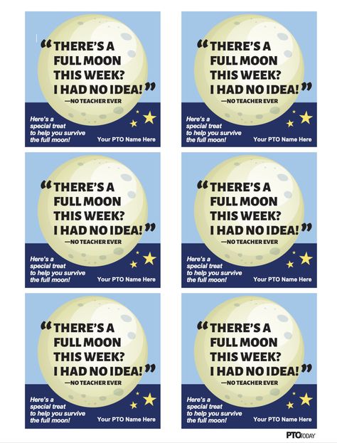 Customize these adorable tags with your parent group’s name, then print and affix to moon pies or other moon-theme treat for teachers. Six tags per page. The 2022-23 school year full moons occur on: Sept. 10, 2022 Oct. 9, 2022 Nov. 8, 2022 Dec. 7, 2022 Jan. 6, 2023 Feb. 5, 2023 March 7, 2023 April 6, 2023 May 5, 2023 June 3, 2023 Teacher Of The Month, Pie Gifts, Pto Today, Moon Pie, Morale Boosters, Great Relationship, Staff Morale, Moon Pies, Appreciation Ideas