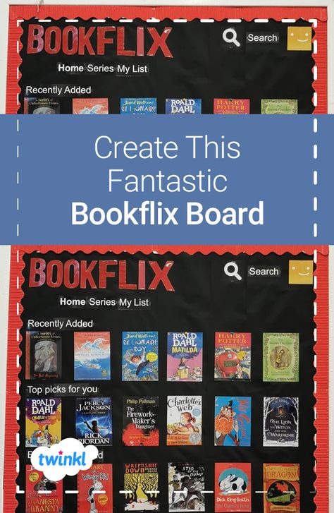 'Bookflix' 📚 This Netflix inspired reading display is a great way to get children excited about a range of different books and encourage them to be more adventurous! Create your own bookflix themed book corner with our printable red lettering - click to download! #books #reading #readingdisplay #readingcorner #bookflix #netflix #classroomideas #classroominspiration #classroom #backtoschool #teachingideas #teachingresources #teacher #twinkl #twinklresources #classroomdisplay Netflix Classroom Theme, Bookflix Classroom Display, Book Classroom Themes, Bookflix Display, Curriculum Display, Book Corner Display, Library Windows, School Display Boards, Primary Classroom Displays